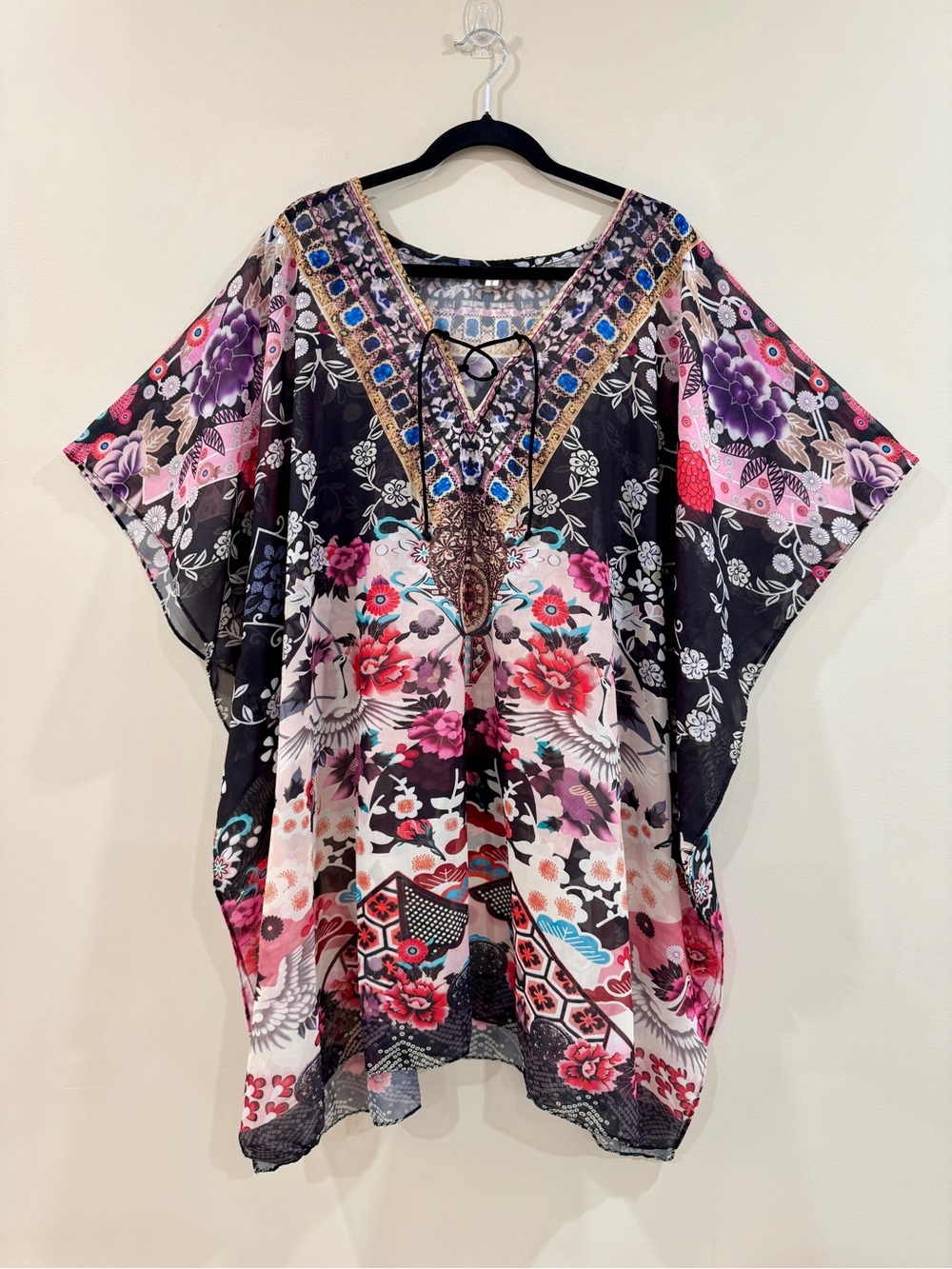 Sheer Chinoiserie Print Floral Caftan Kimono Style OS Boho Maximalist Resort